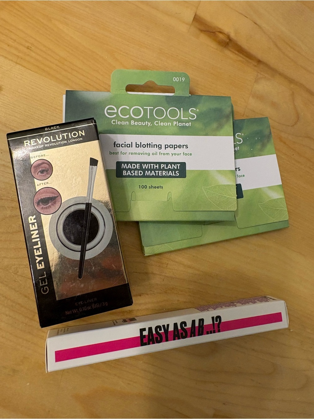 Revolution gel eyeliner, one and done, and 2 EcoTools Facial Papers